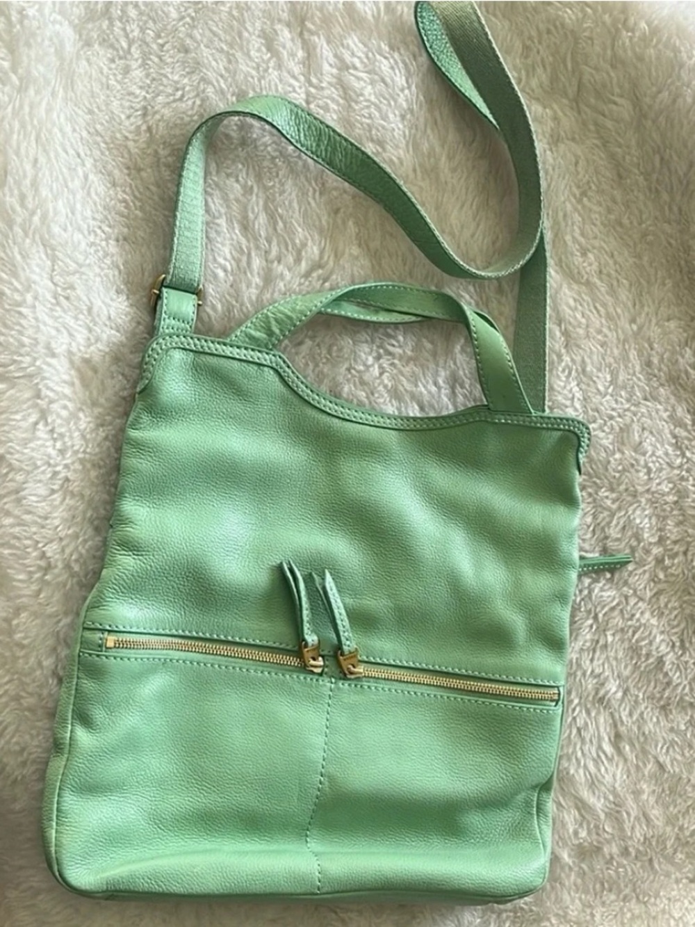 EUC Fossil Erin bright Green Leather Cross Body Tote/Folding convertible